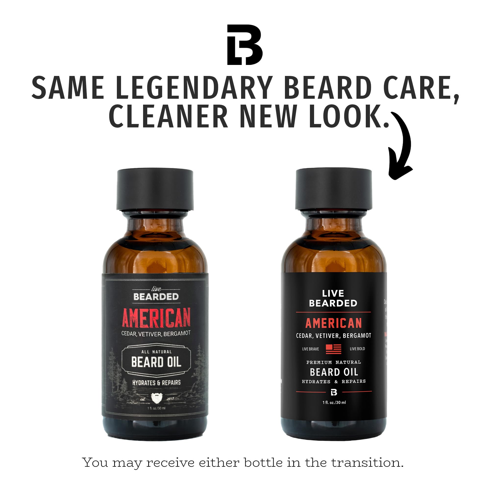 Live Bearded label on USA-made beard oil bottle