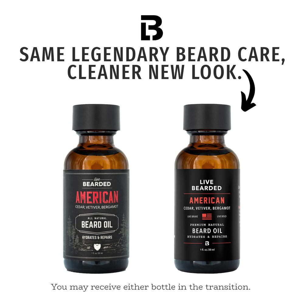Live Bearded label on USA-made beard oil bottle