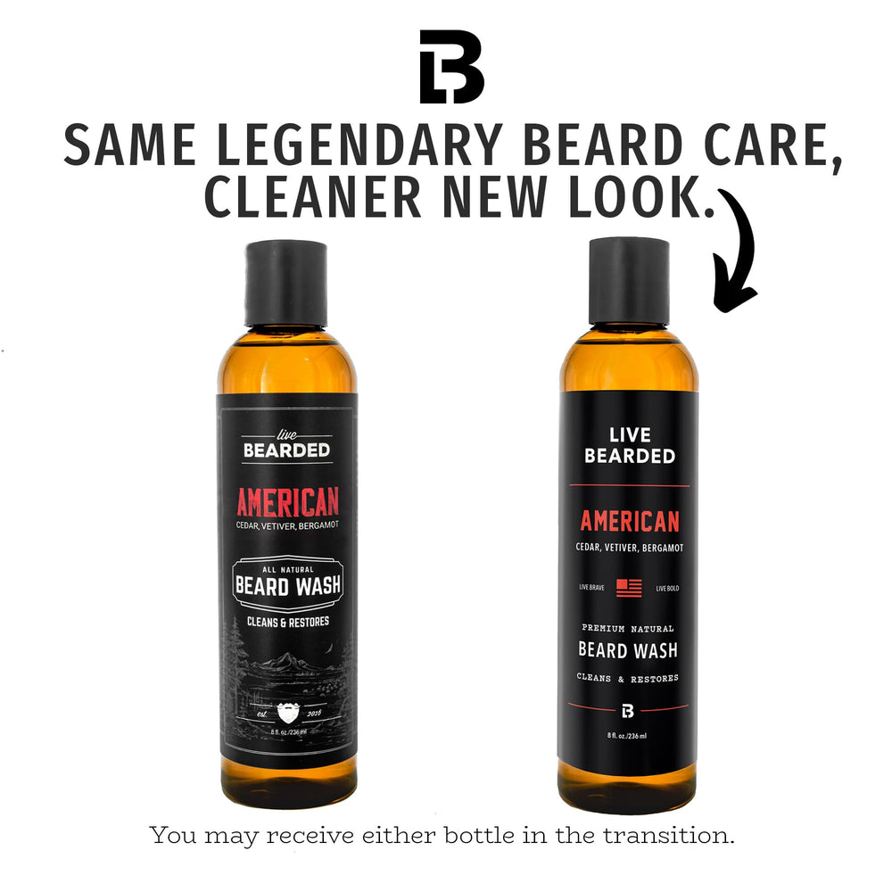 Live Bearded beard wash bottle back label with ingredient notes and USA origin.