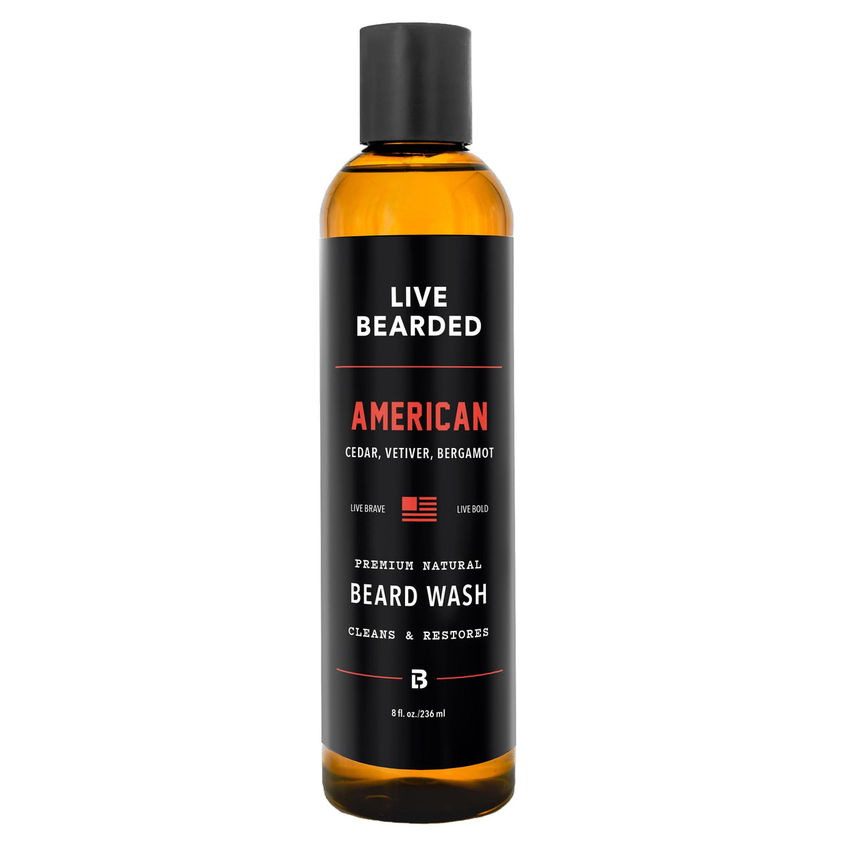 Live Bearded beard wash bottle front view highlighting cedar, vetiver, bergamot scent.