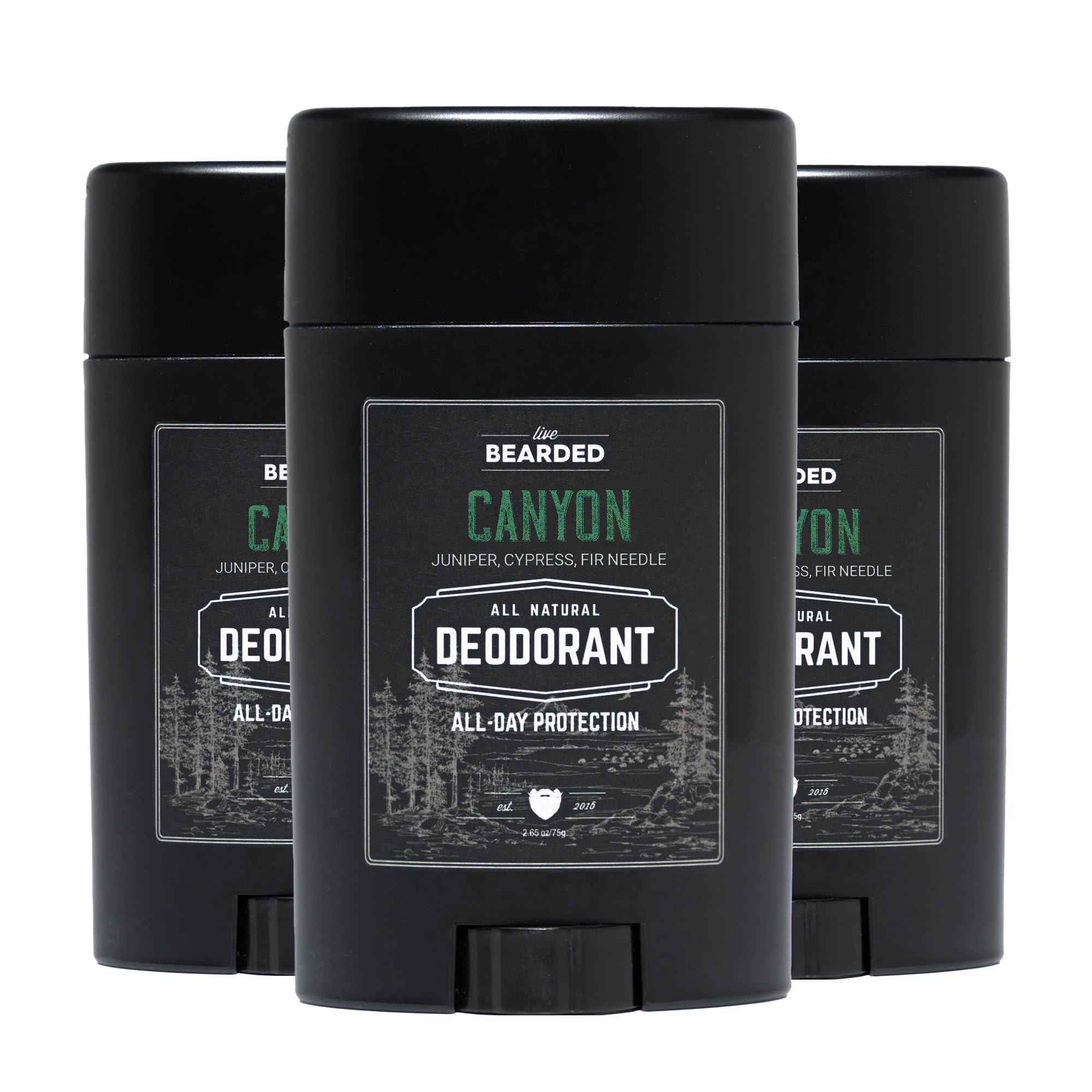 Live Bearded Canyon deodorant stick front view showing long-lasting odor control.
