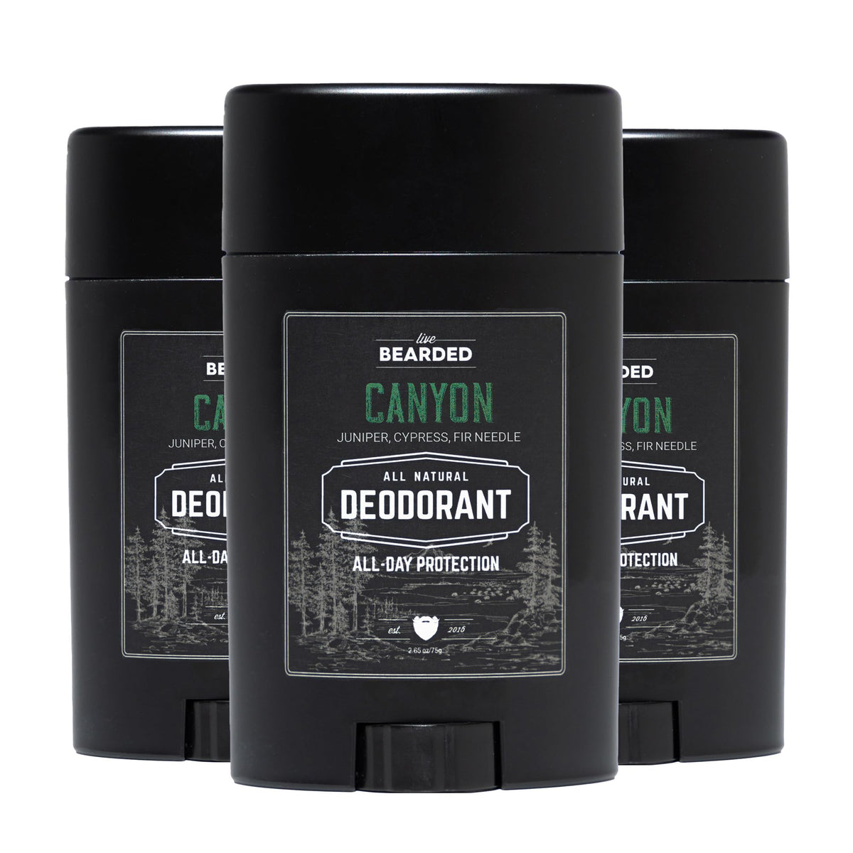 Live Bearded Canyon deodorant stick front view showing long-lasting odor control.
