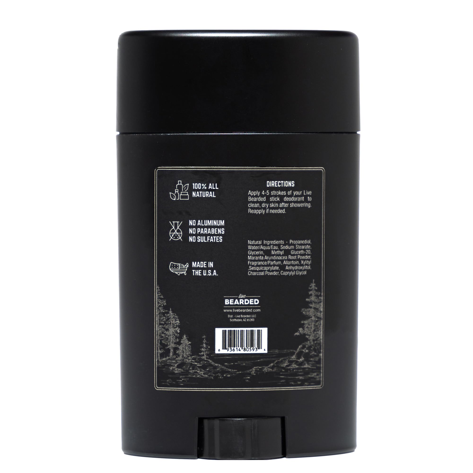 Live Bearded Canyon deodorant stick side view highlighting aluminum-free formula.