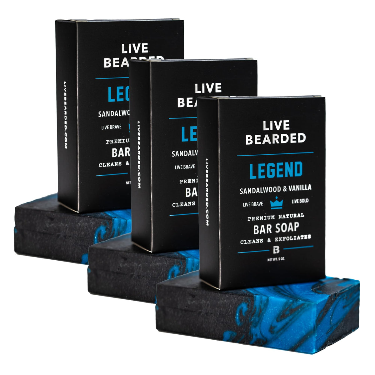 Live Bearded Legend bar soap with charcoal and pumice for exfoliation and deep clean.