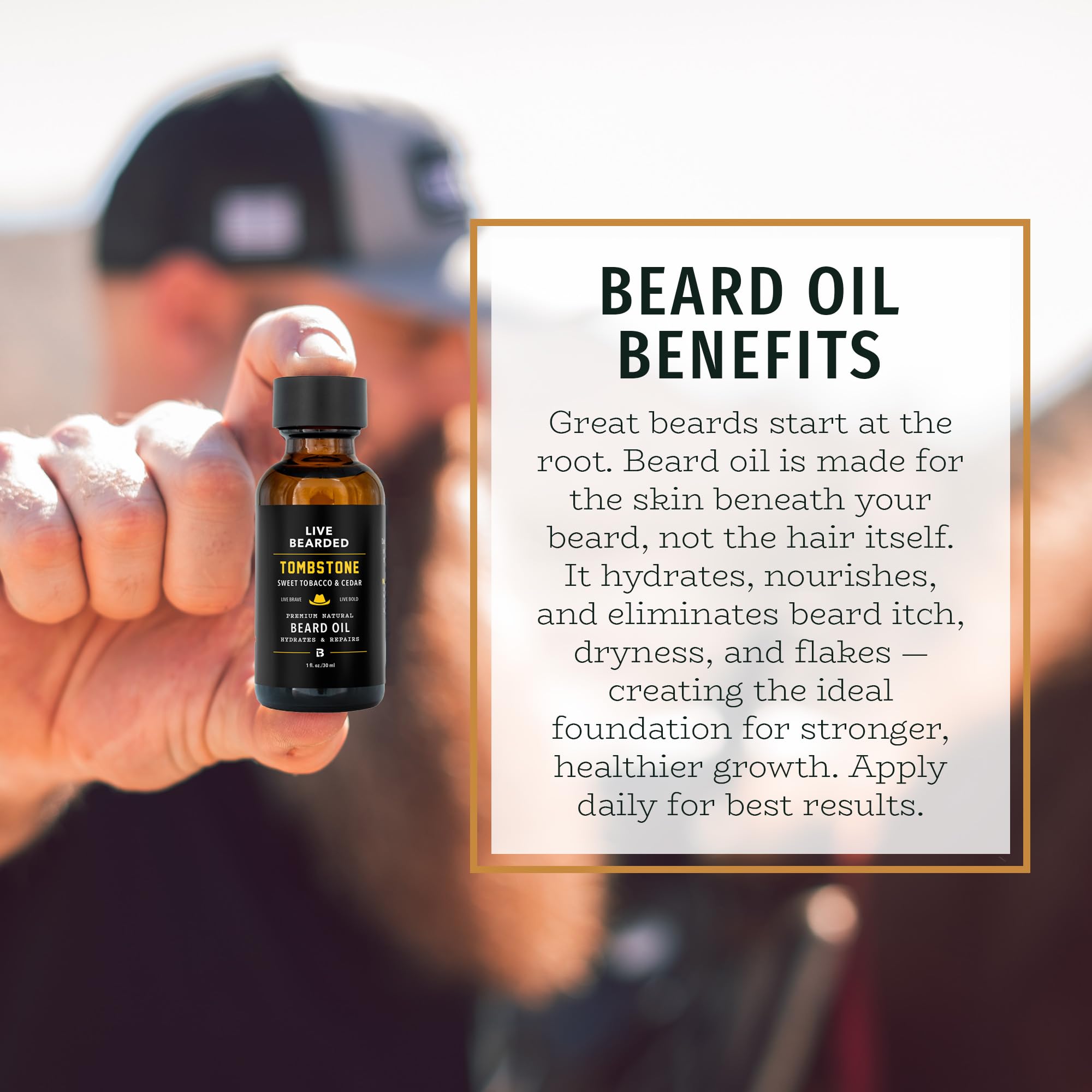 Live Bearded natural jojoba oil ingredients close-up for healthy skin.