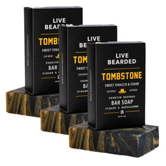 Live Bearded Tombstone bar soap front view for deep cleanse and refreshing scent