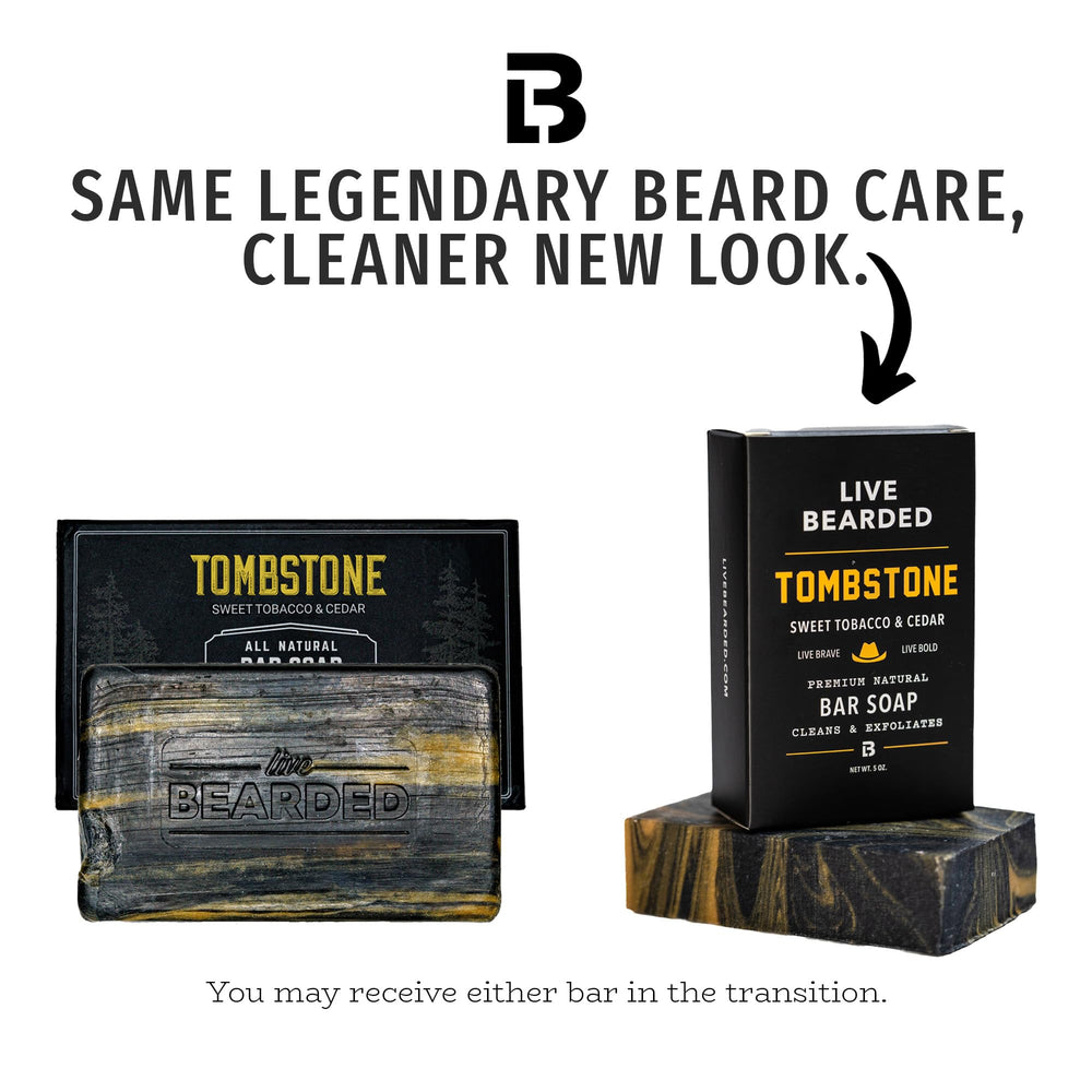 Live Bearded Tombstone bar soap enriched with shea butter for lasting moisture.