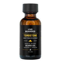 Live Bearded Tombstone Beard Oil bottle front view for hydrating beard.