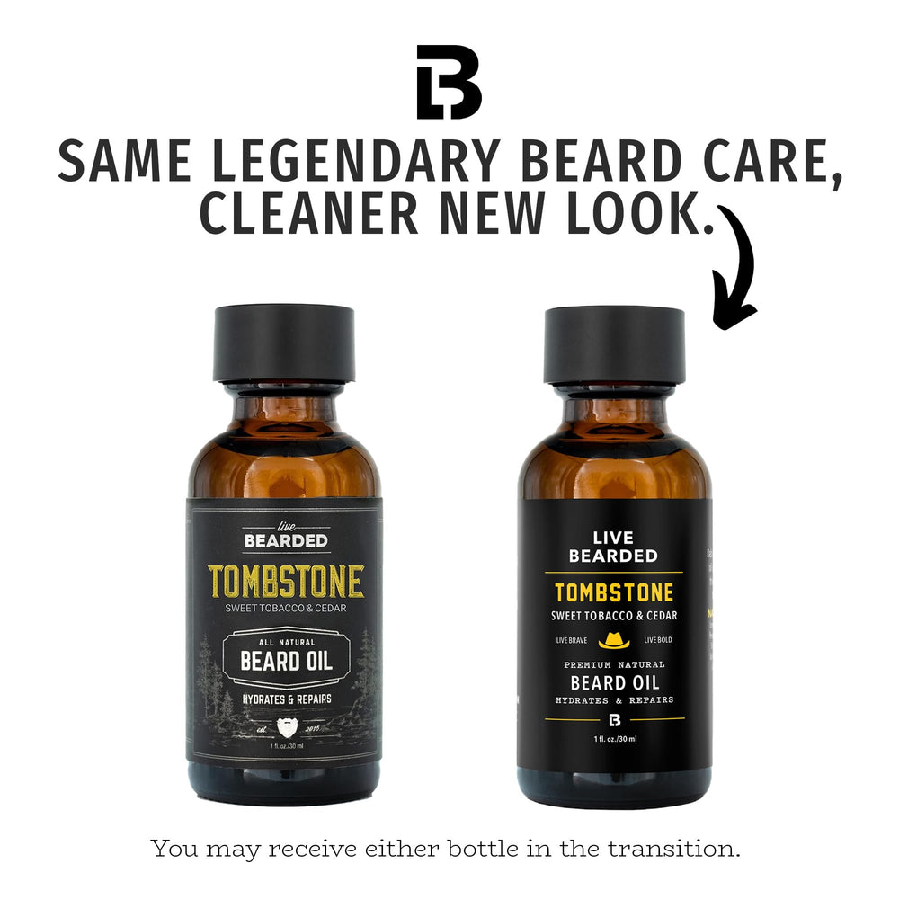 Live Bearded Tombstone Beard Oil label close-up for premium scent.