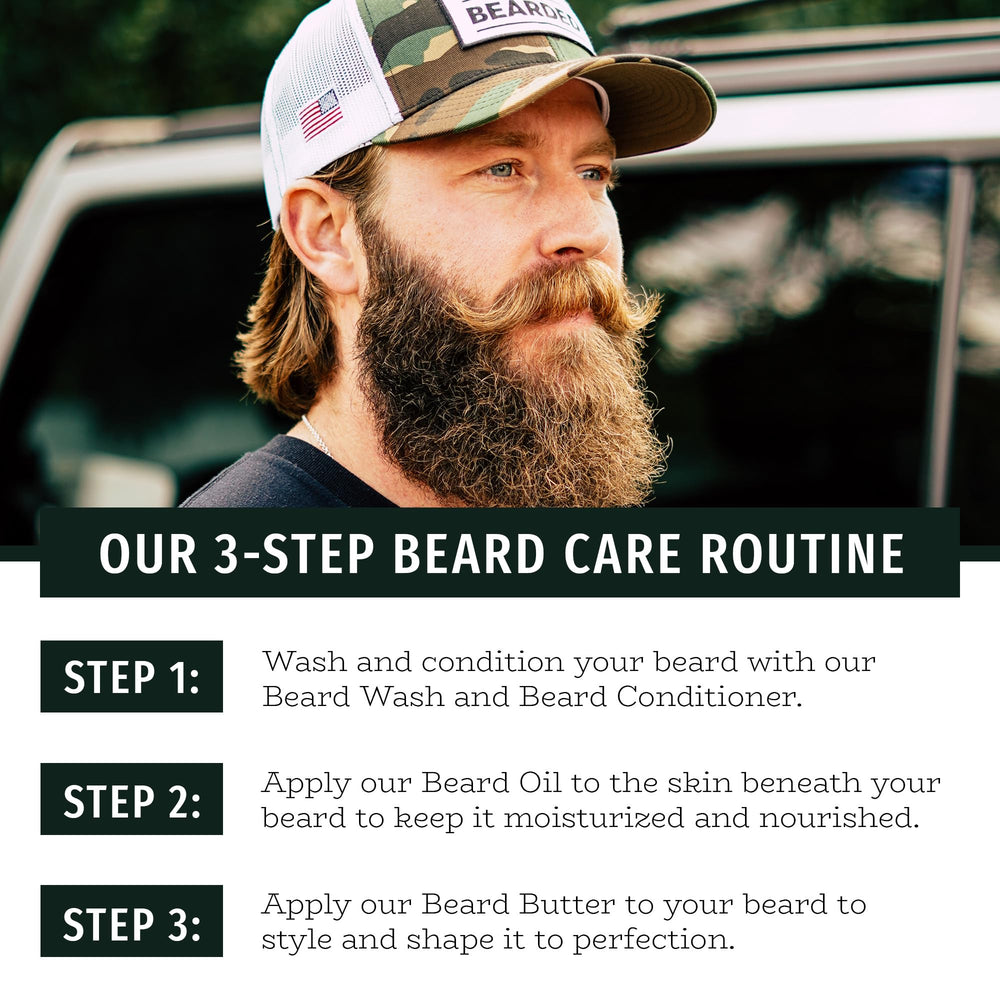 Live Bearded Tombstone beard oil packaging with product display.