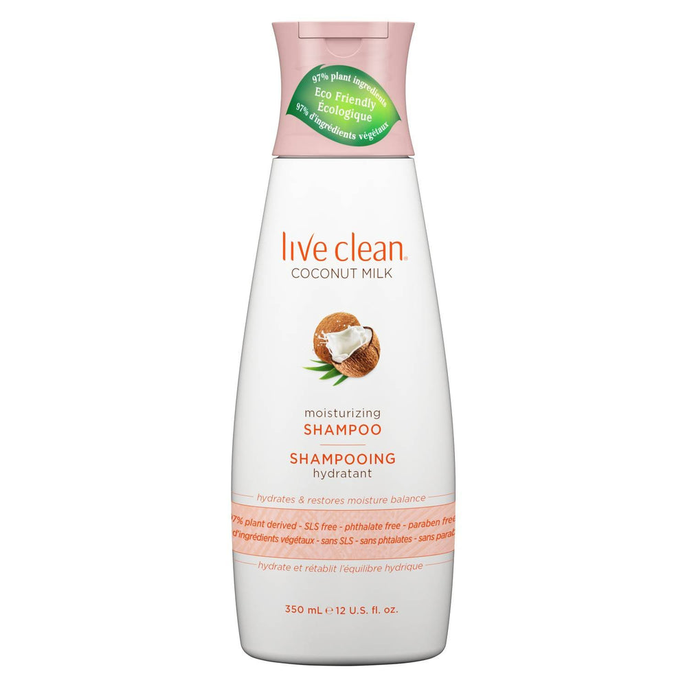 Live Clean Coconut Milk Conditioner bottle closeup, nourishing shine and detangling.