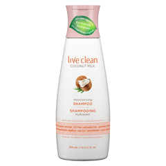 Live Clean Coconut Milk Conditioner bottle closeup, nourishing shine and detangling.