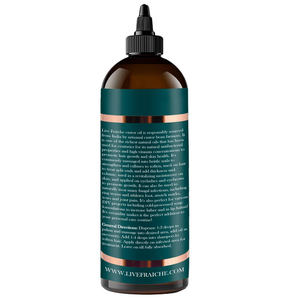 Live Fraiche Castor Oil bottle closeup highlighting hexane-free, cold-pressed quality.