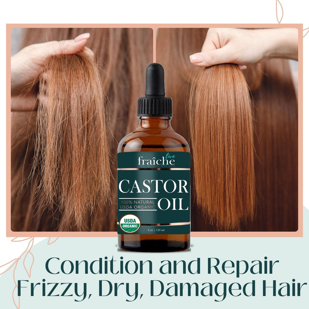 Live Fraiche castor oil dropper showing pure, hexane-free formula