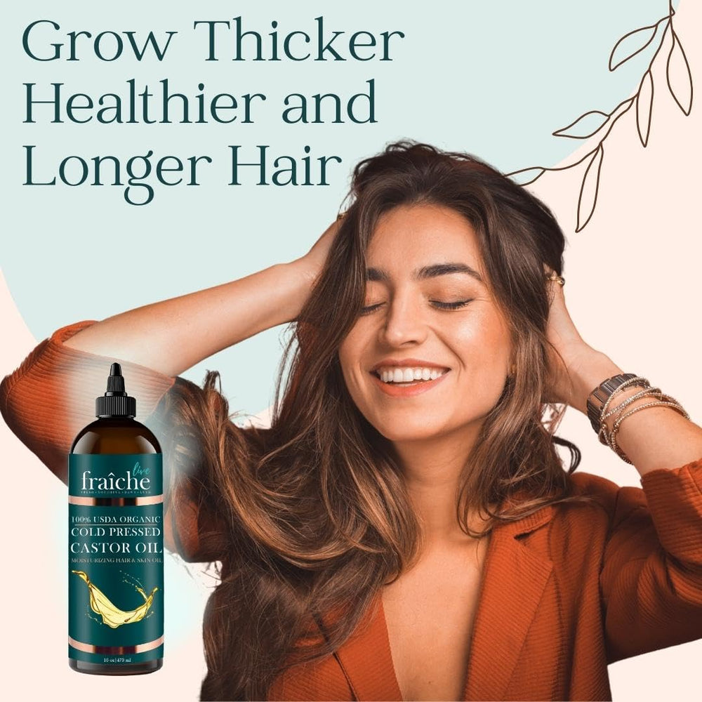 Live Fraiche Castor Oil on hair providing conditioning and shine.