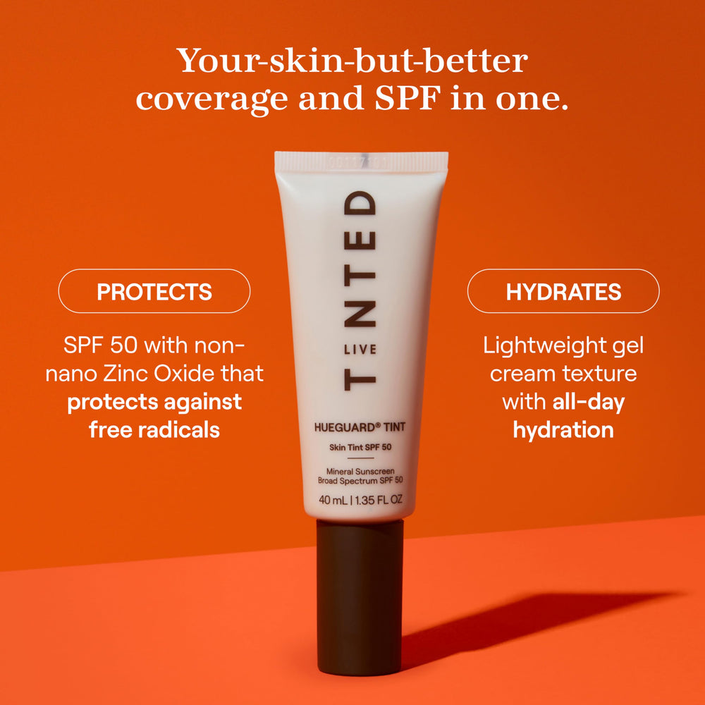 Hueguard swatch on skin showing buildable light-medium coverage.