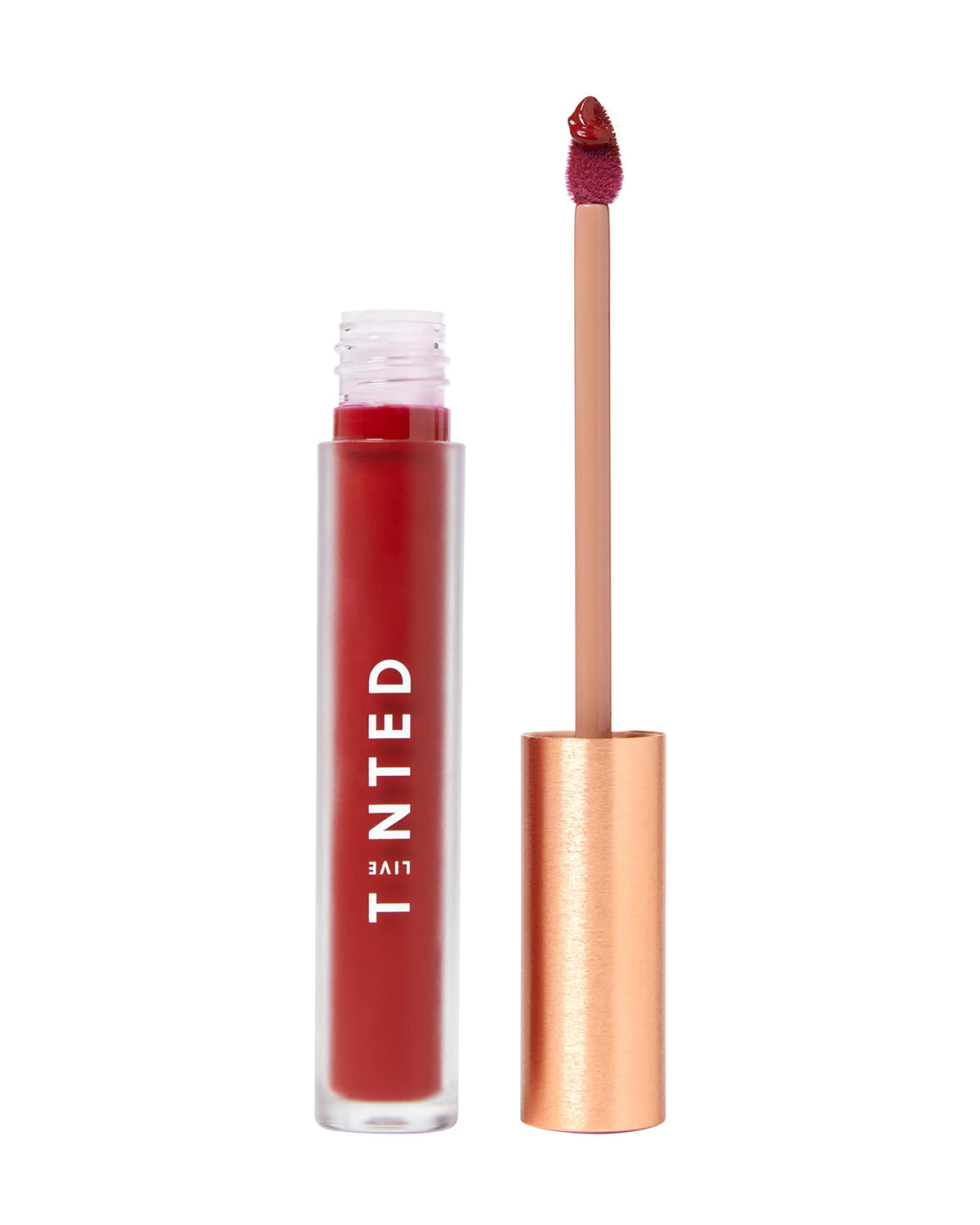 Live Tinted Huelip Lip Crème brick red packaging, vegan formula for daily wear.