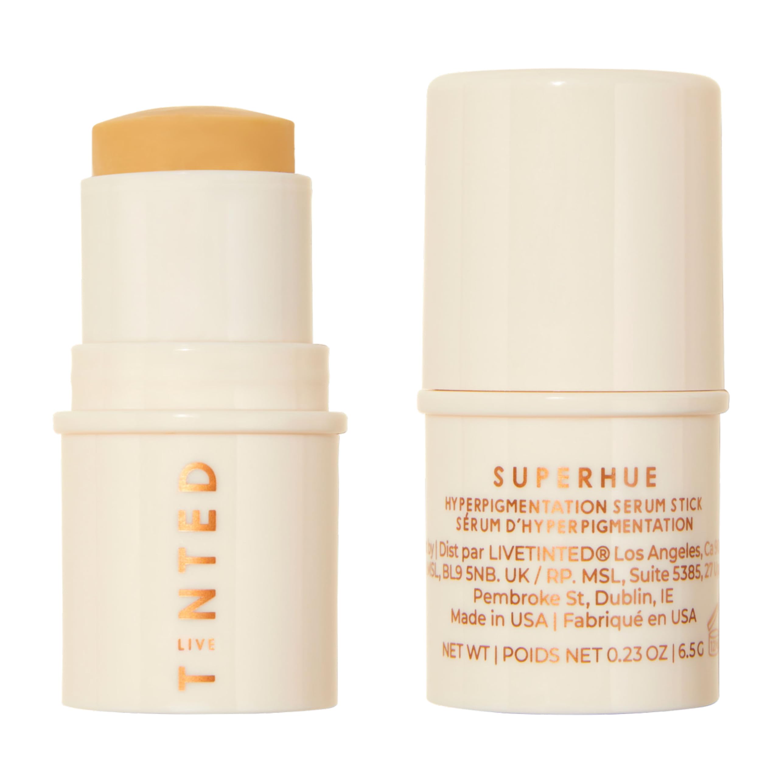 Live Tinted Superhue serum stick on the face for even tone and targeted care.