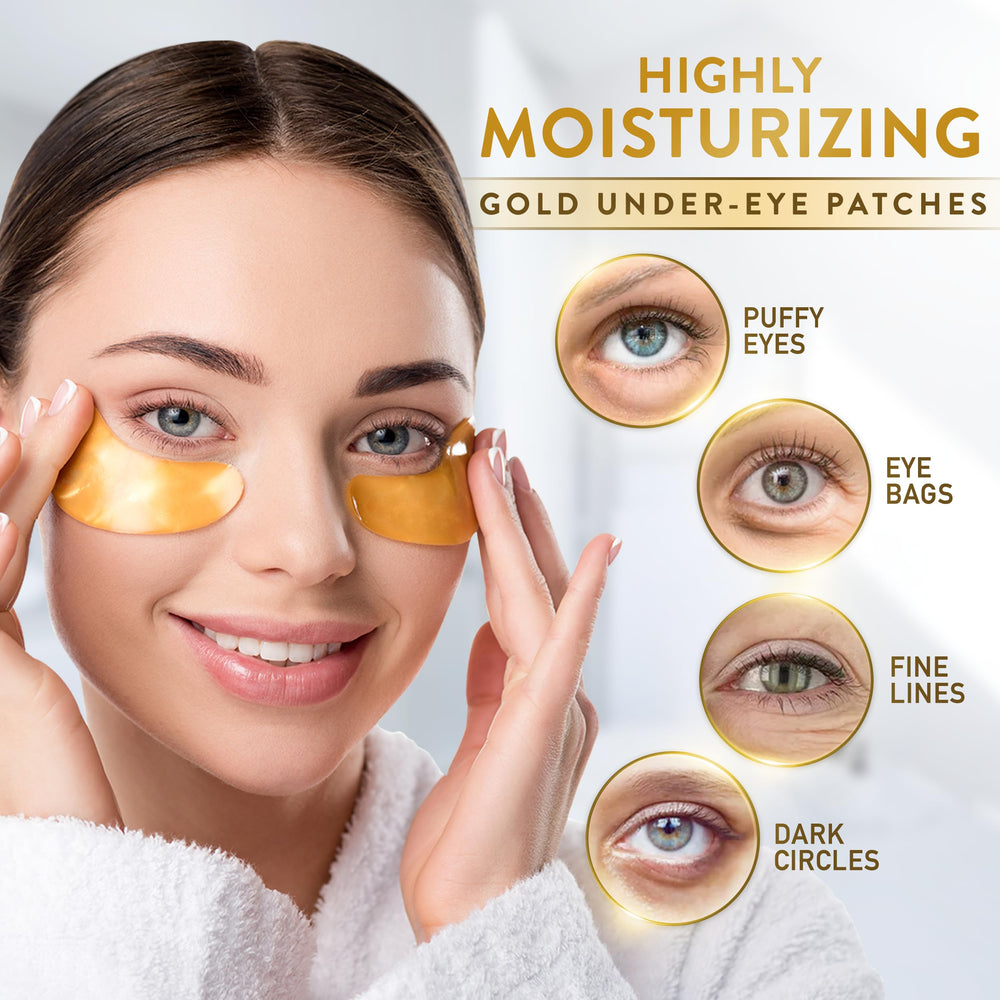 Close-up of PatchRx Gold Under Eye Patches with 24K gold and collagen embellishments for refreshed eyes