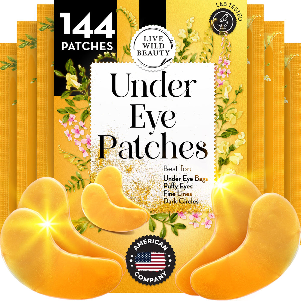Live Wild Beauty PatchRx Gold Under Eye Patches packaging for 144-count at-home care