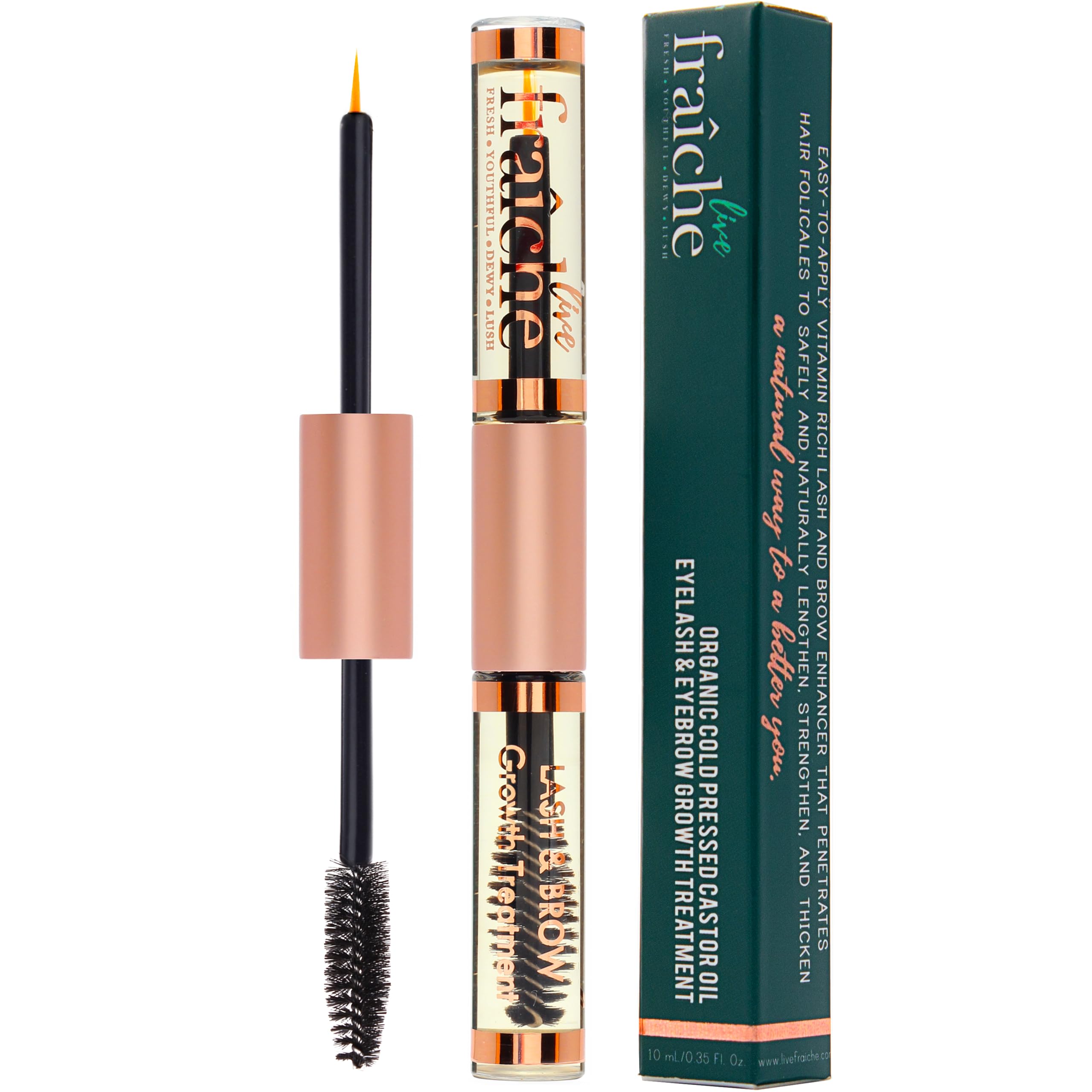 Live Fraiche castor oil lash serum bottle close-up for natural lash nourishment