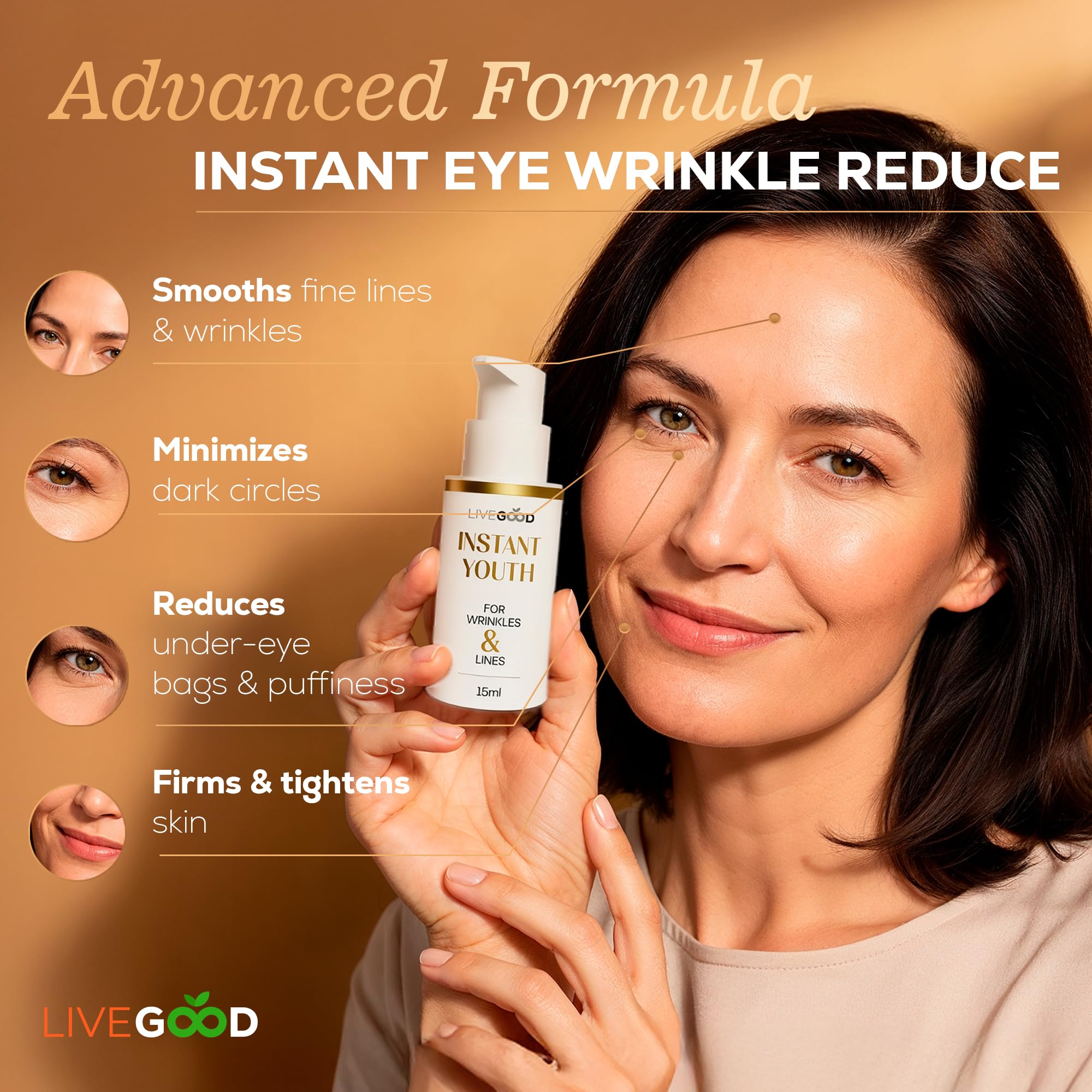 LiveGood Instant Youth silky texture demonstrates fast-absorbing, lightweight cream.