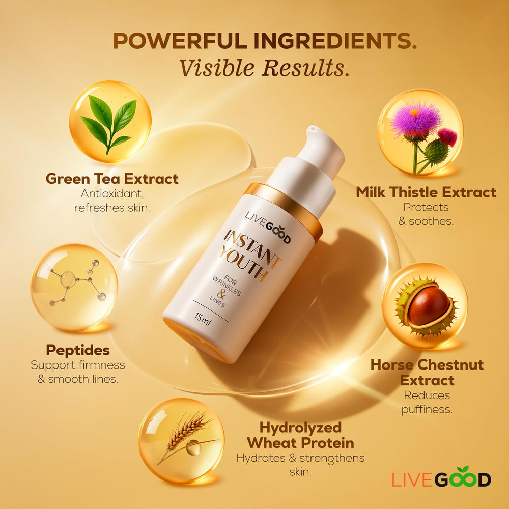 LiveGood Instant Youth travel bottle ready for on-the-go skincare routines.