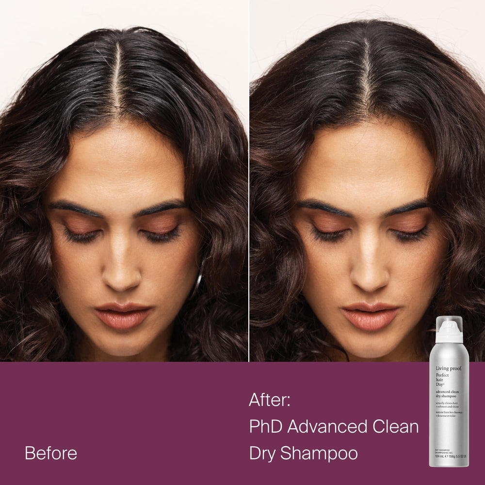 Living Proof Advanced Clean Dry Shampoo bottle for no-wash shine.