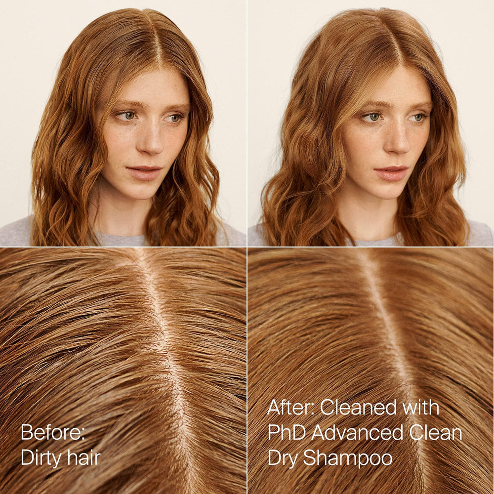 Living Proof Dry Shampoo bottle label close-up indicating clean formula.