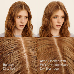 Living Proof Dry Shampoo bottle label close-up indicating clean formula.
