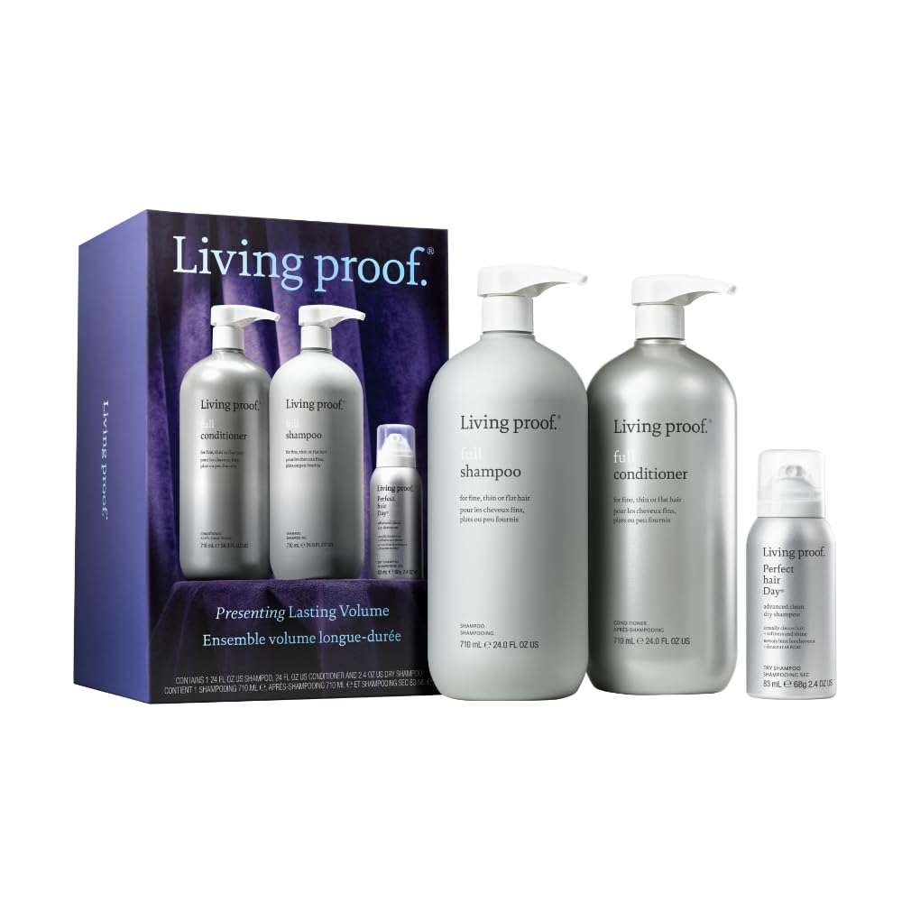 Living Proof Lasting Volume Holiday Kit shampoo bottle boosts volume for fuller hair.