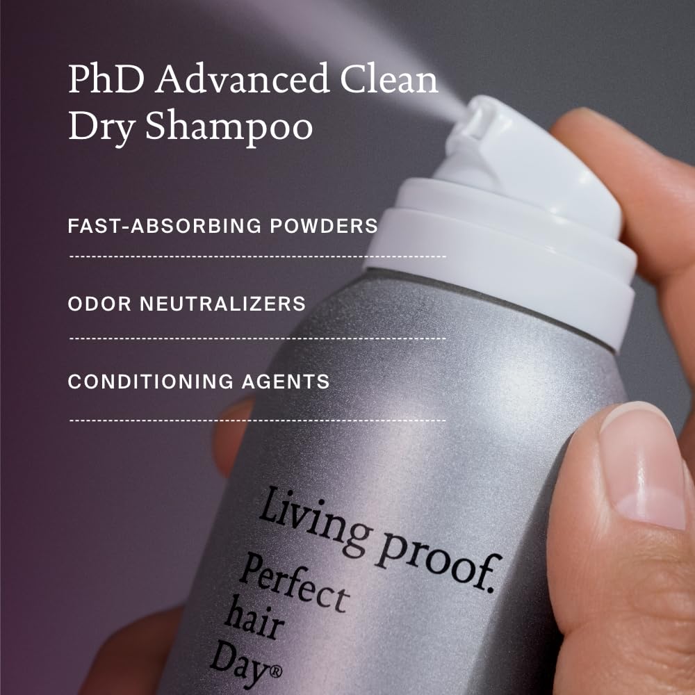 Living Proof Original Dry Shampoo on oily roots delivering quick refresh.