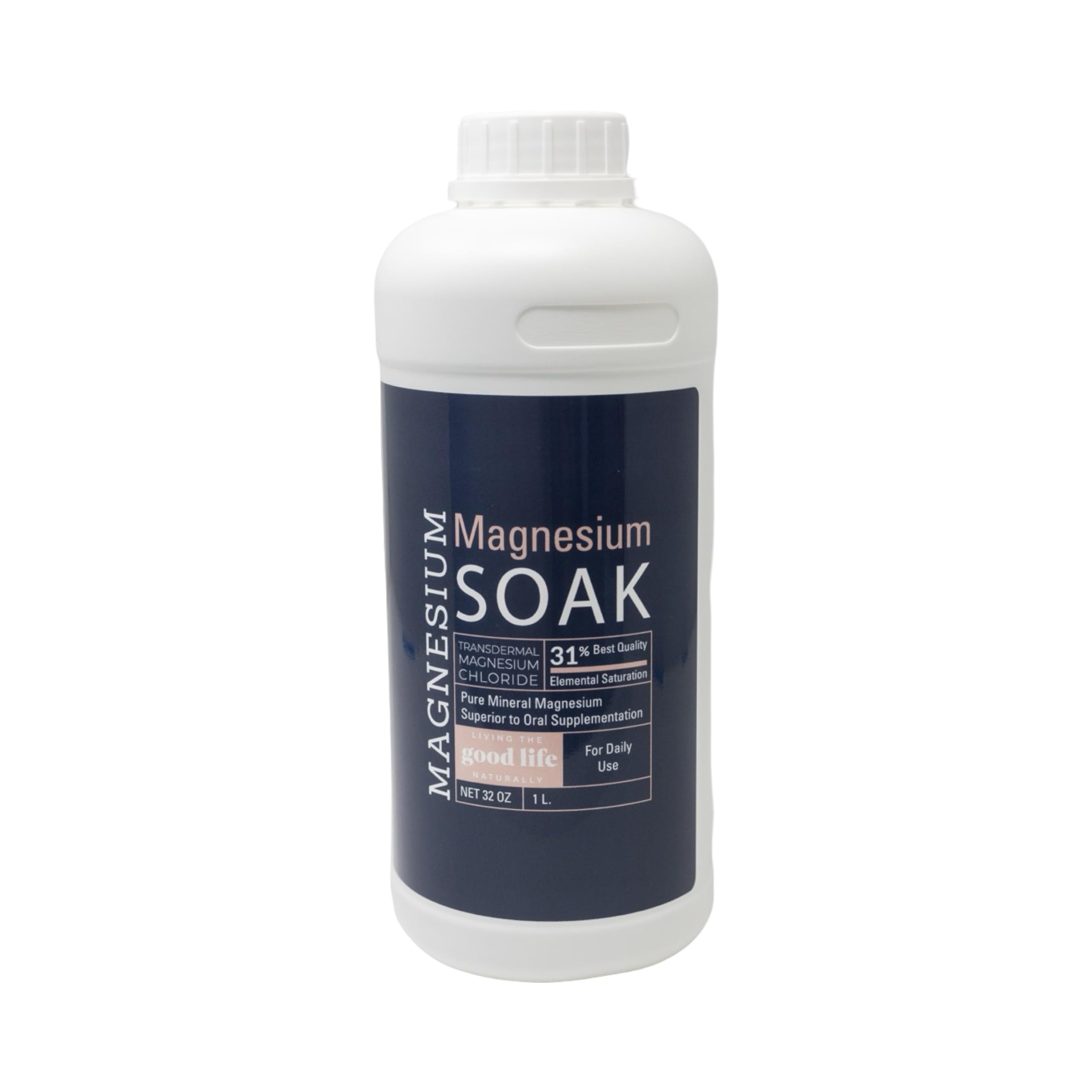 Living the Good Life Naturally magnesium soak pour bottle for soothing skin and relaxation.