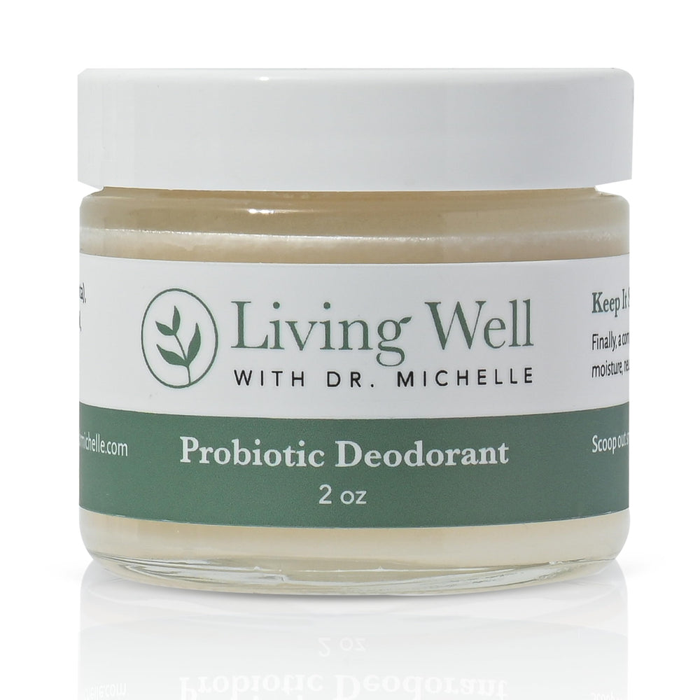 Living Well with Dr. Michelle probiotic deodorant cream bottle for all-day freshness on sensitive skin