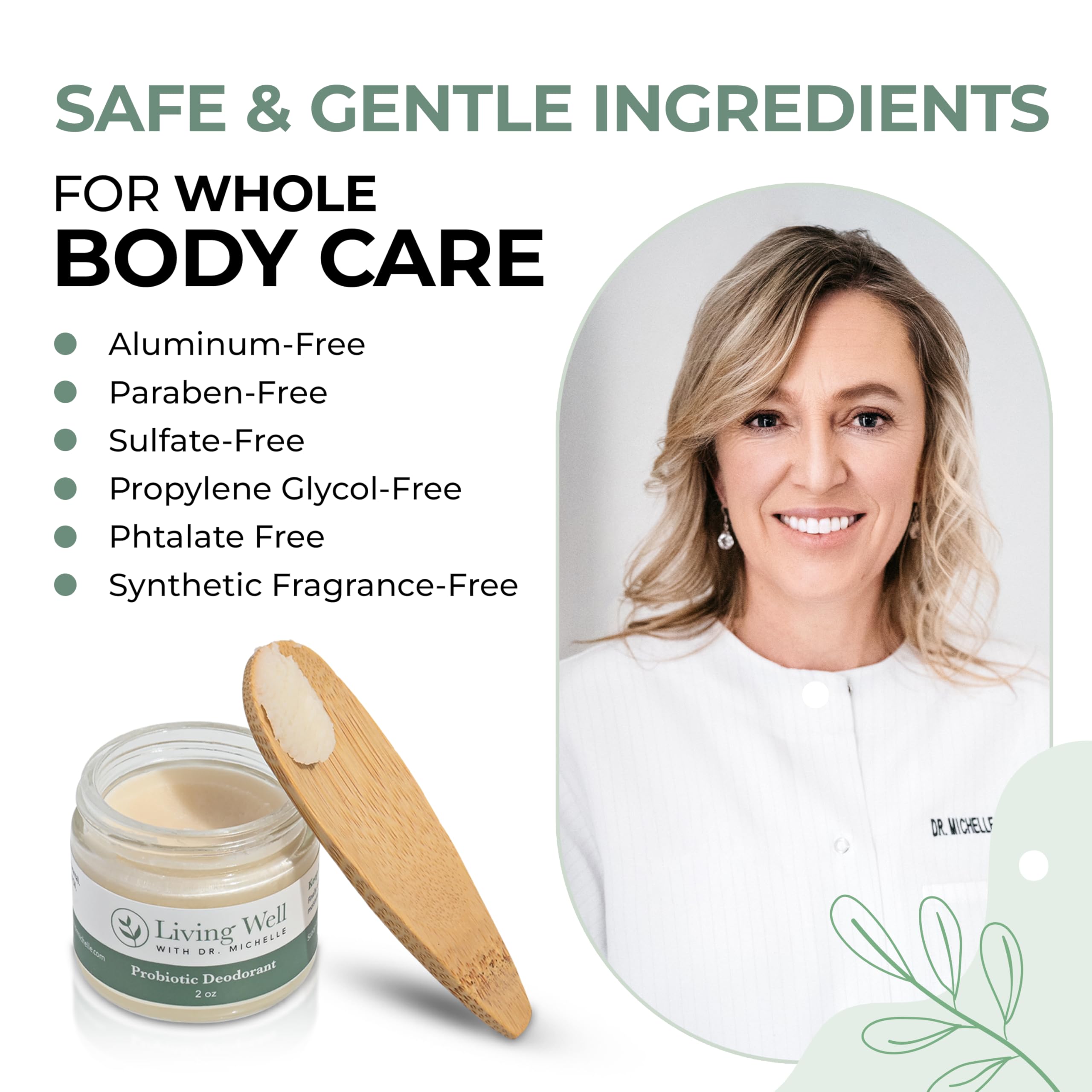 Close-up of Living Well with Dr. Michelle probiotic deodorant cream texture showing gentle, non-toxic care