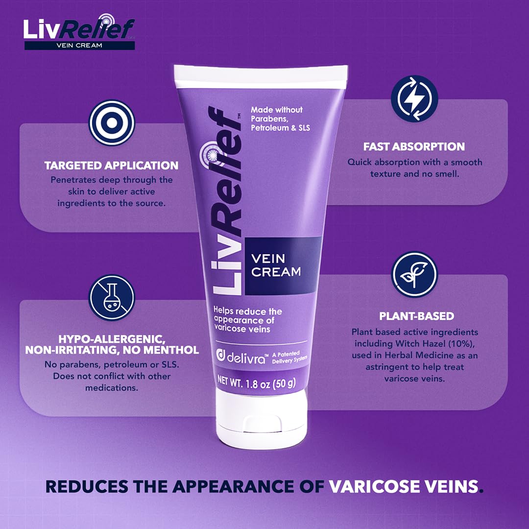 LivRelief Varicose Veins Cream packaging front, easy-to-use tube for everyday comfort.
