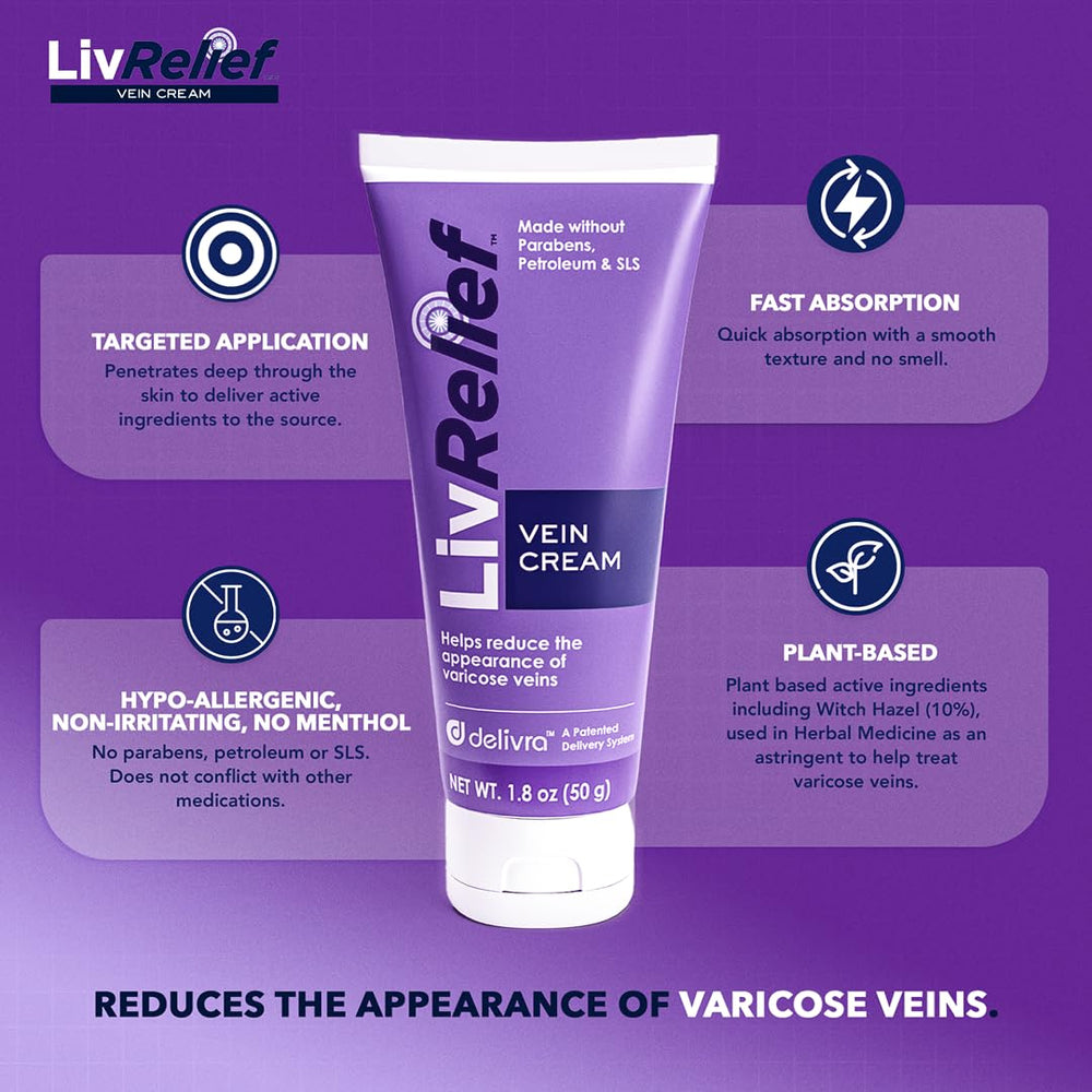 LivRelief Varicose Veins Cream packaging front, easy-to-use tube for everyday comfort.