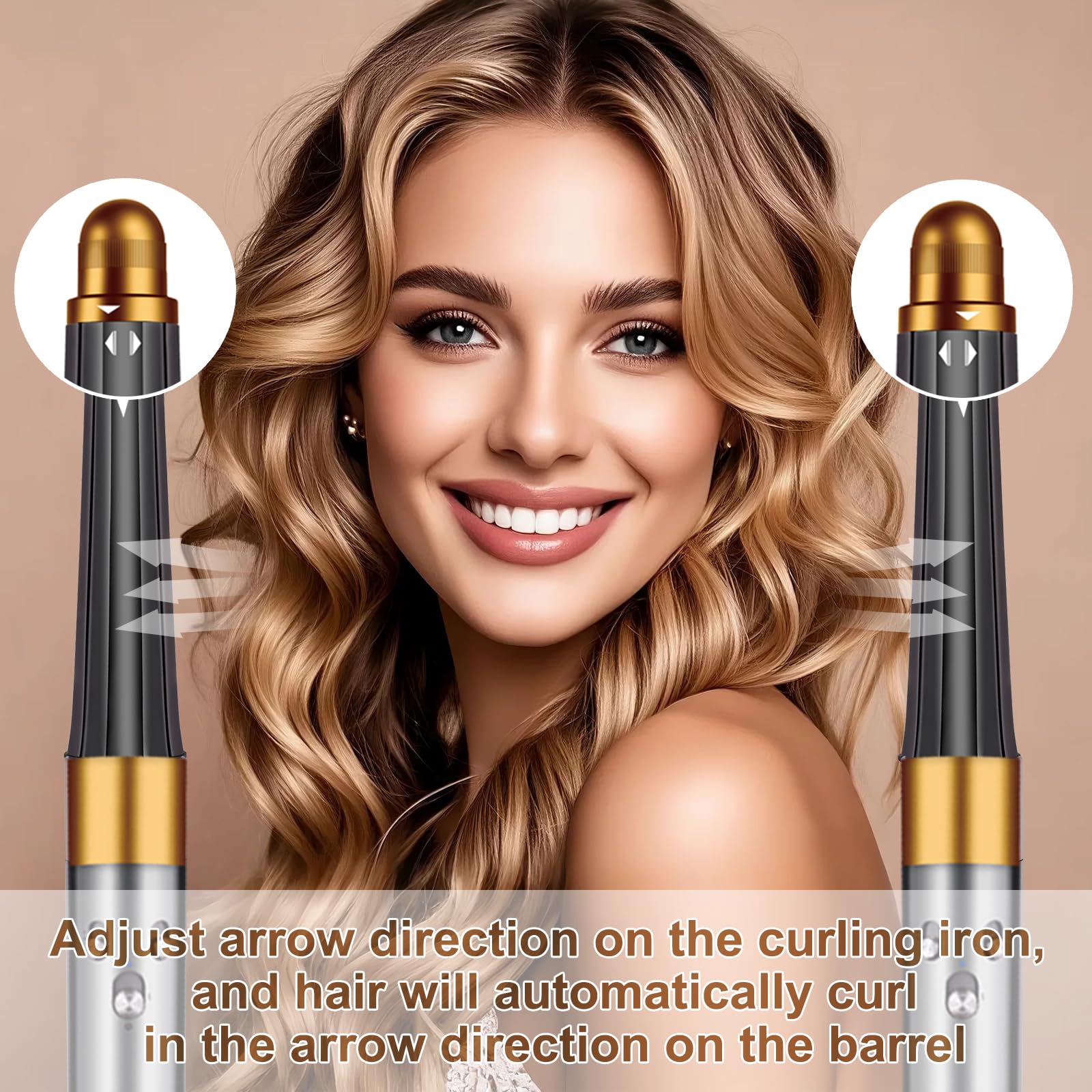 Liwoowe Dyson Airwrap auto-wrap action in gold barrel for effortless curling.