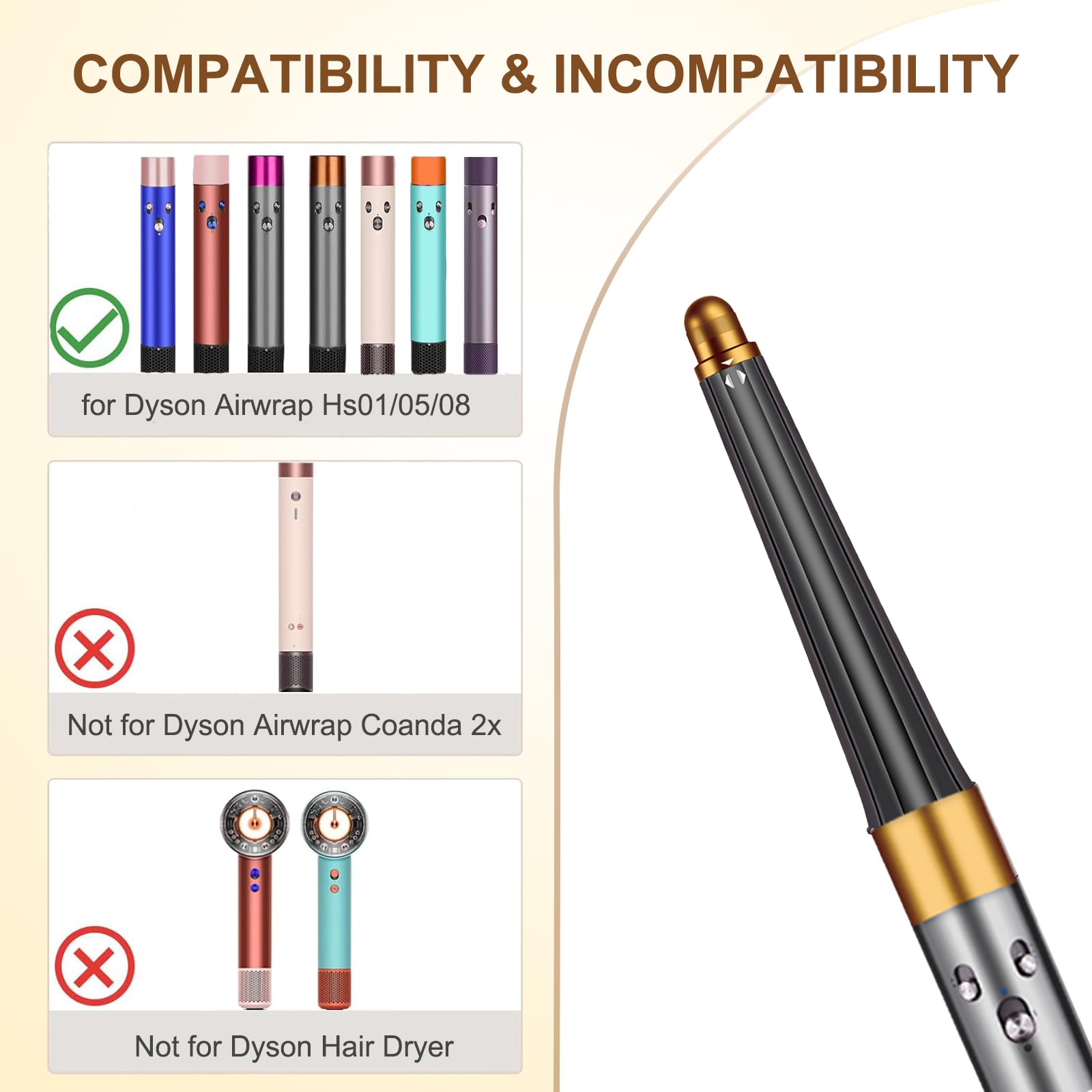 Liwoowe Dyson Airwrap barrel side view in gold highlights compact travel-friendly design.