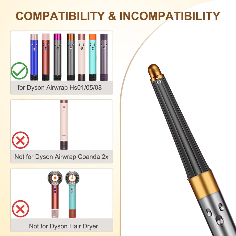 Liwoowe Dyson Airwrap barrel side view in gold highlights compact travel-friendly design.