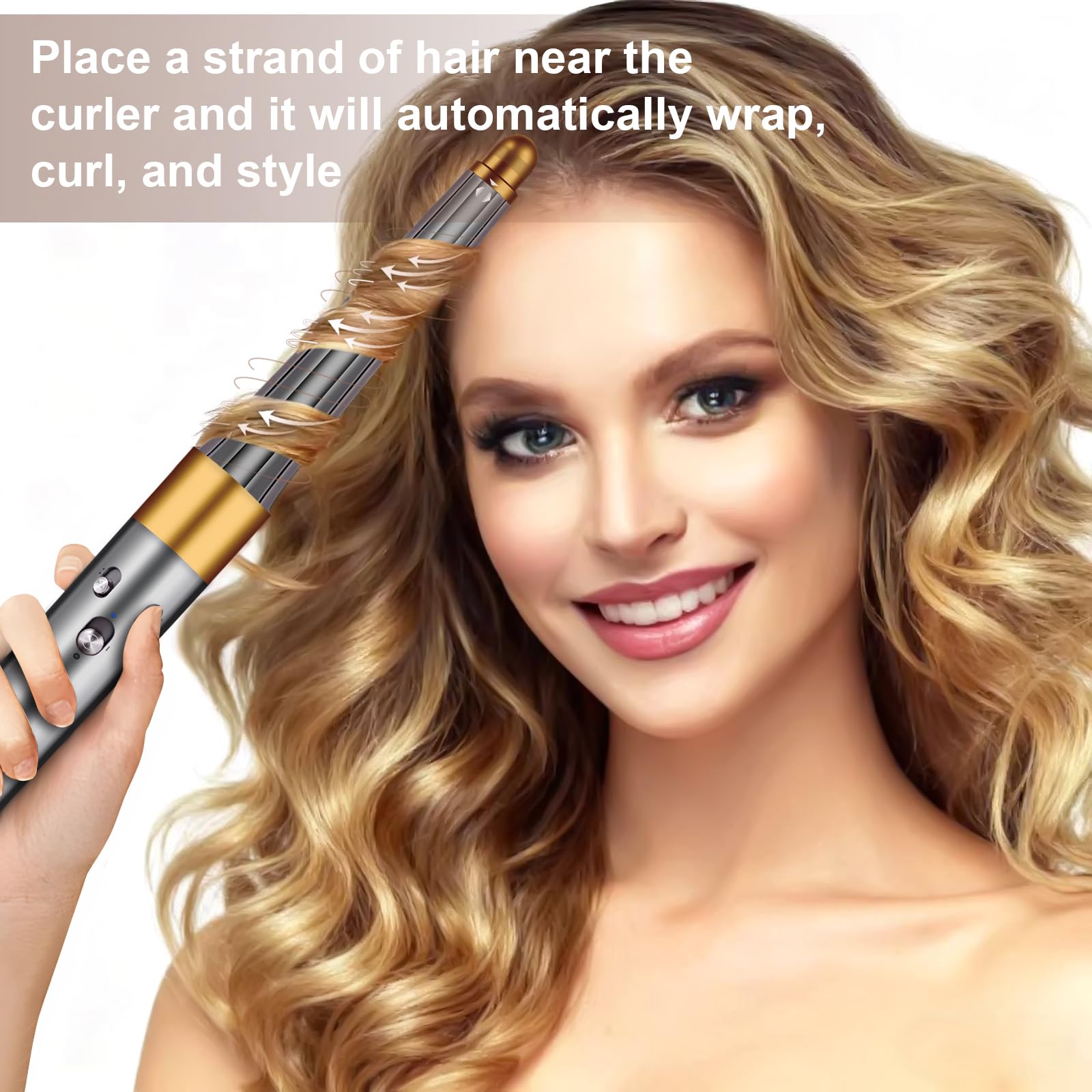 Liwoowe Dyson Airwrap conical design gold promotes soft waves and shape.