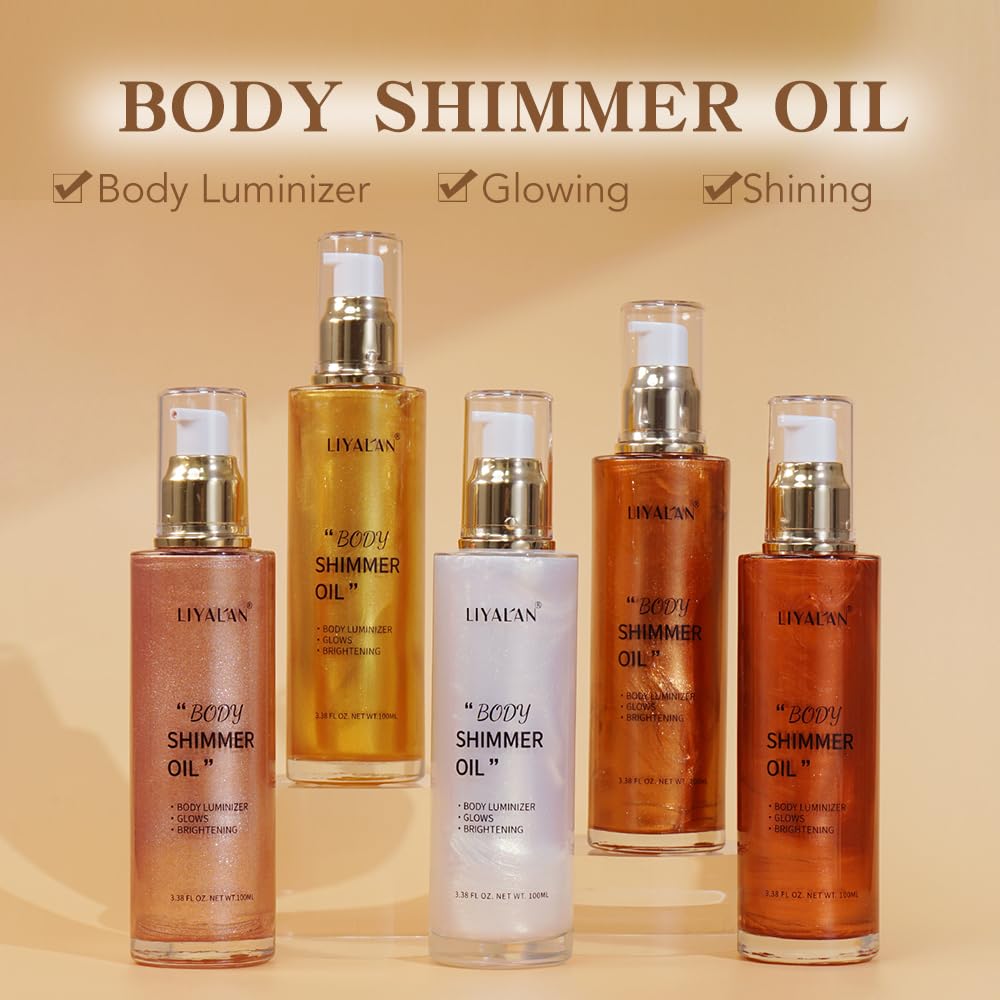 LIYALAN Shimmer Body Oil face glow pearl highlighter on skin.
