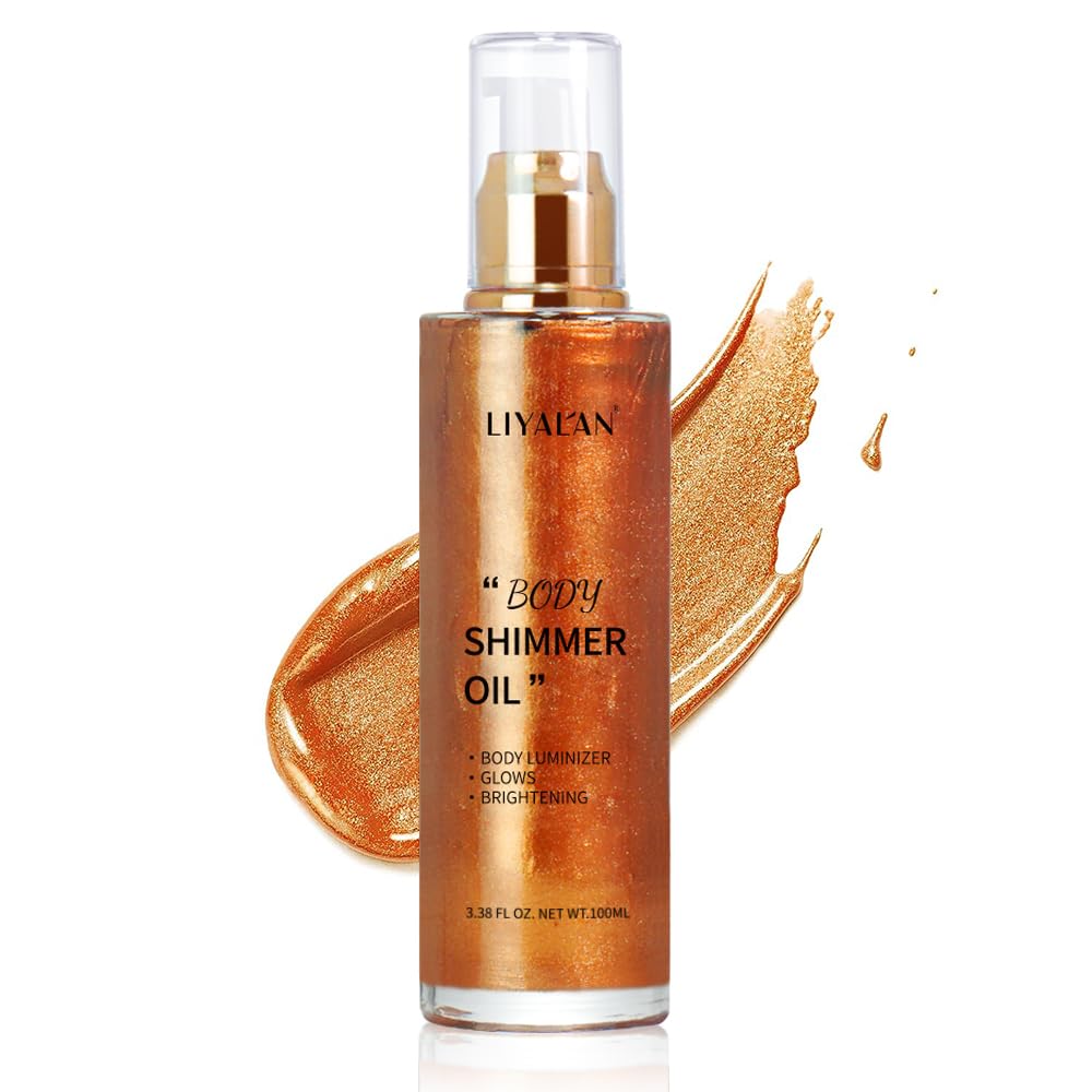 LIYALAN Shimmer Body Oil bronze-gold bottle displays sun-kissed glow potential.