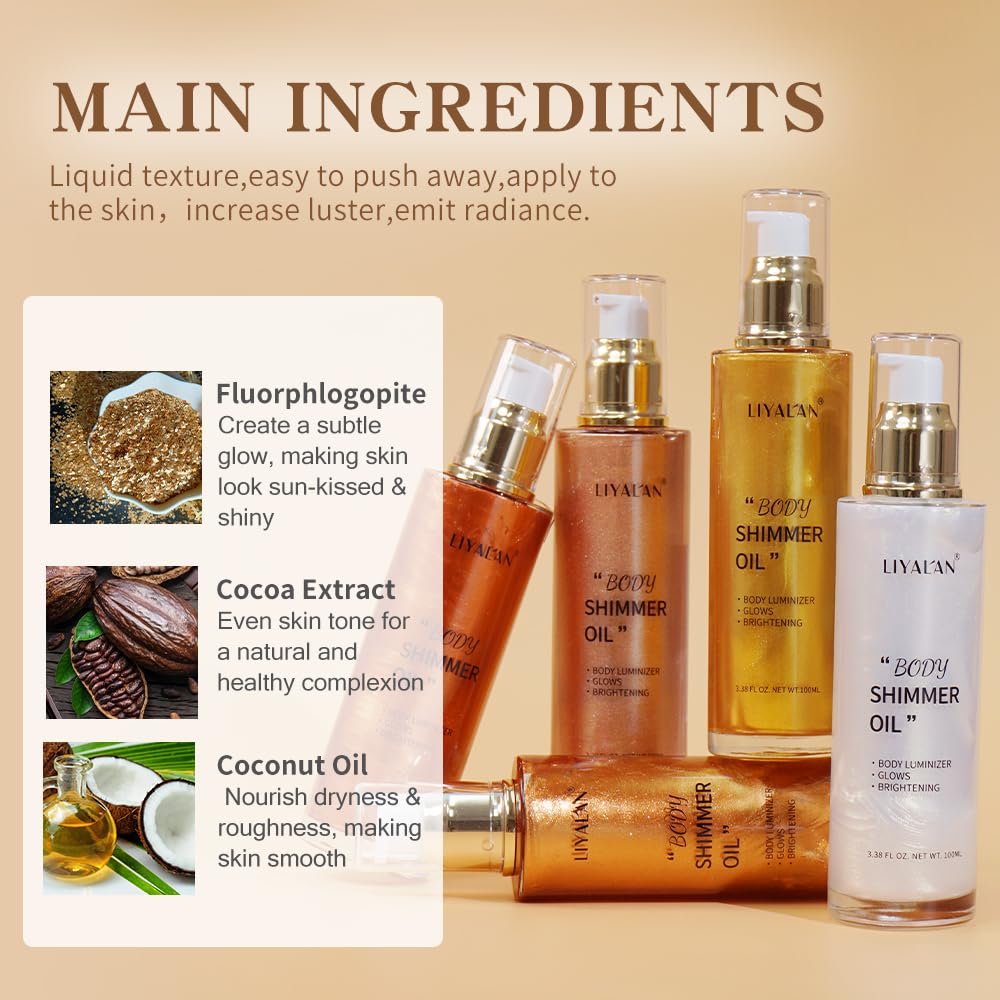 LIYALAN Shimmer Body Oil blends with foundation for radiant glow.