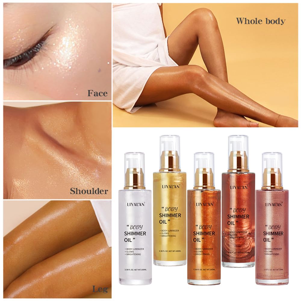 LIYALAN Shimmer Body Oil pearlescent shimmer highlights décolletage and legs.