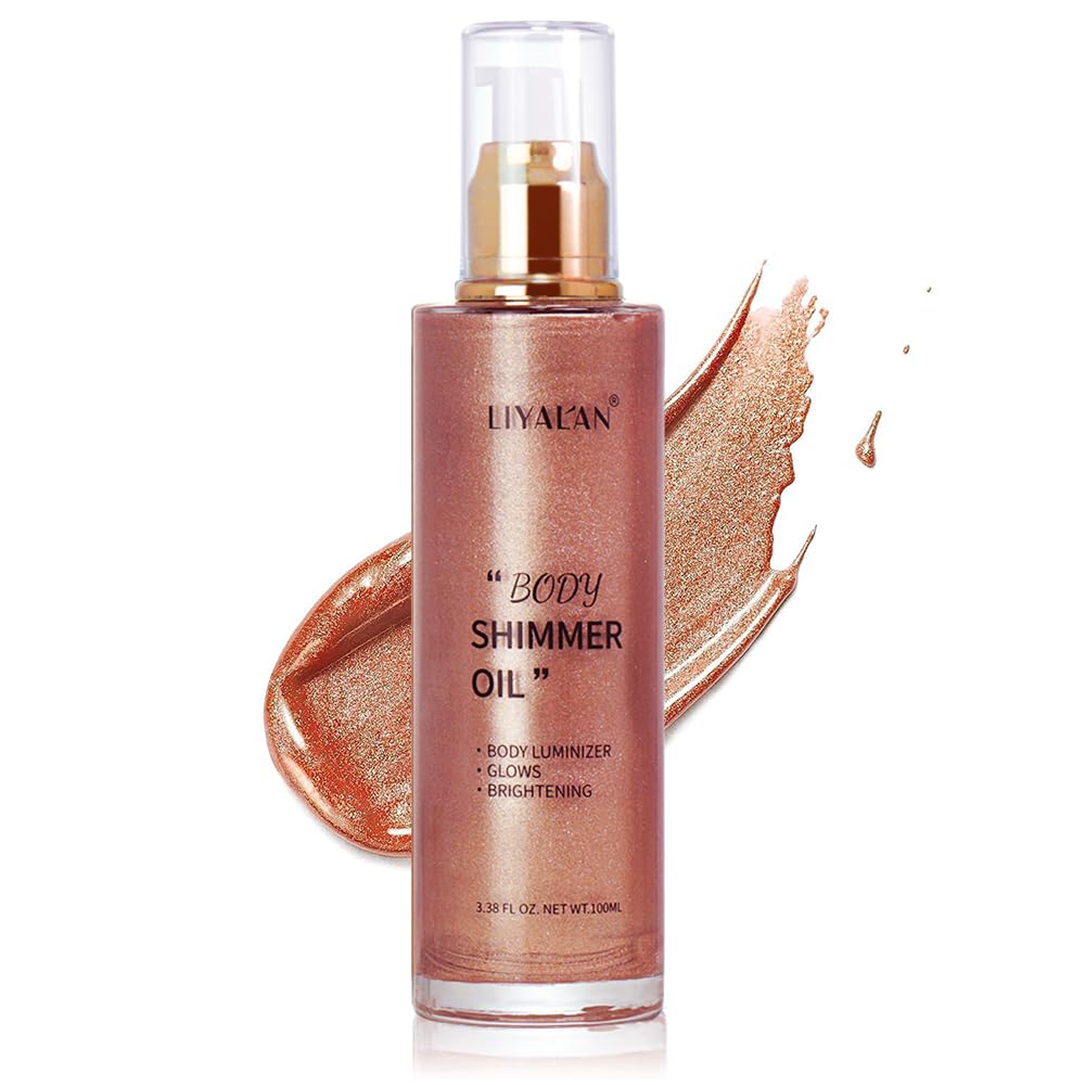 LIYALAN Shimmer Body Oil rose gold bottle adds a radiant glow to skin.
