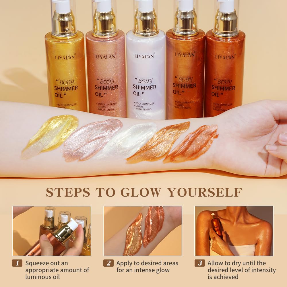 LIYALAN Shimmer Body Oil on shoulder shows luminous glow.
