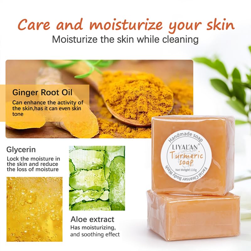 LIYALAN turmeric soap bar foam on skin ready for cleansing, fresh feel.