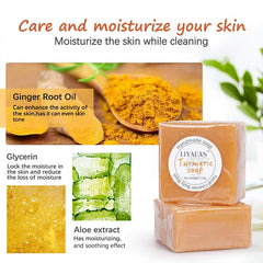 LIYALAN turmeric soap bar foam on skin ready for cleansing, fresh feel.