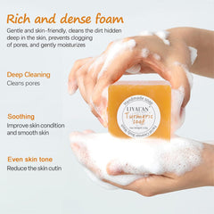 LIYALAN turmeric soap bar foaming net demonstrates rich lather for cleansing.